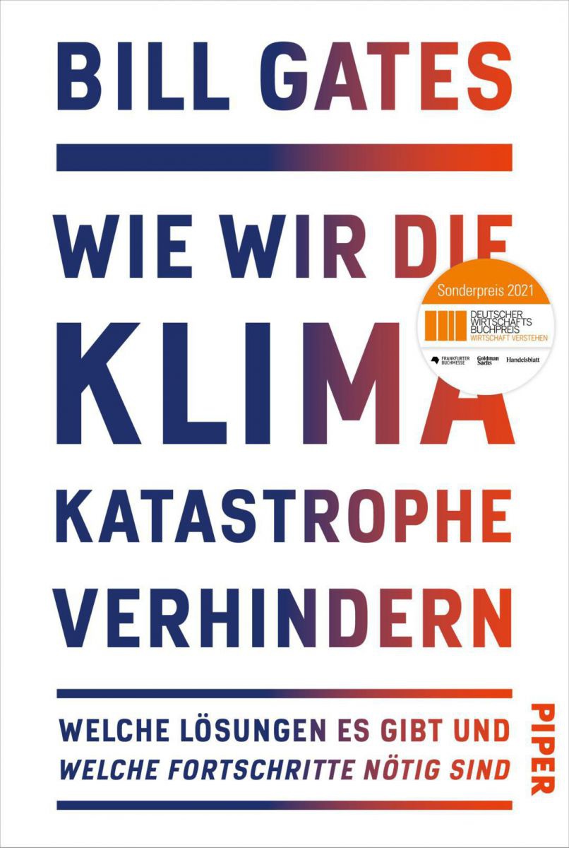 Das Cover des Buches von Bill Gates: Wie wir die Klimakatastophe verhindern. Blau-orange Schrift auf weißem Hintergrund.