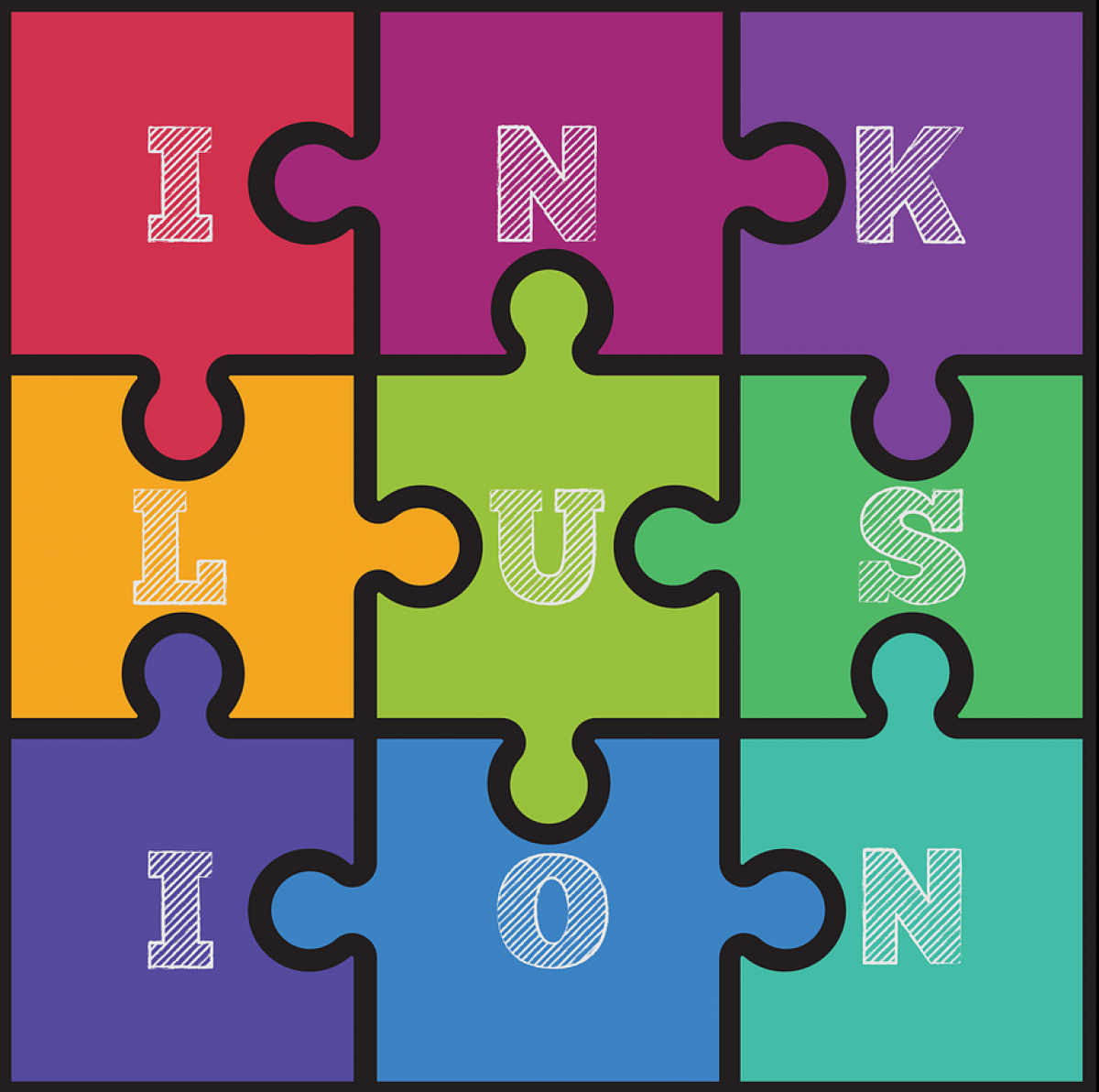 Illustration eines quadratischen Puzzles aus neun Puzzleteilen, die einzelnen Teile haben unterschiedliche Farben und je einen Buchstaben darauf. Zusammen ergibt sich das Wort 