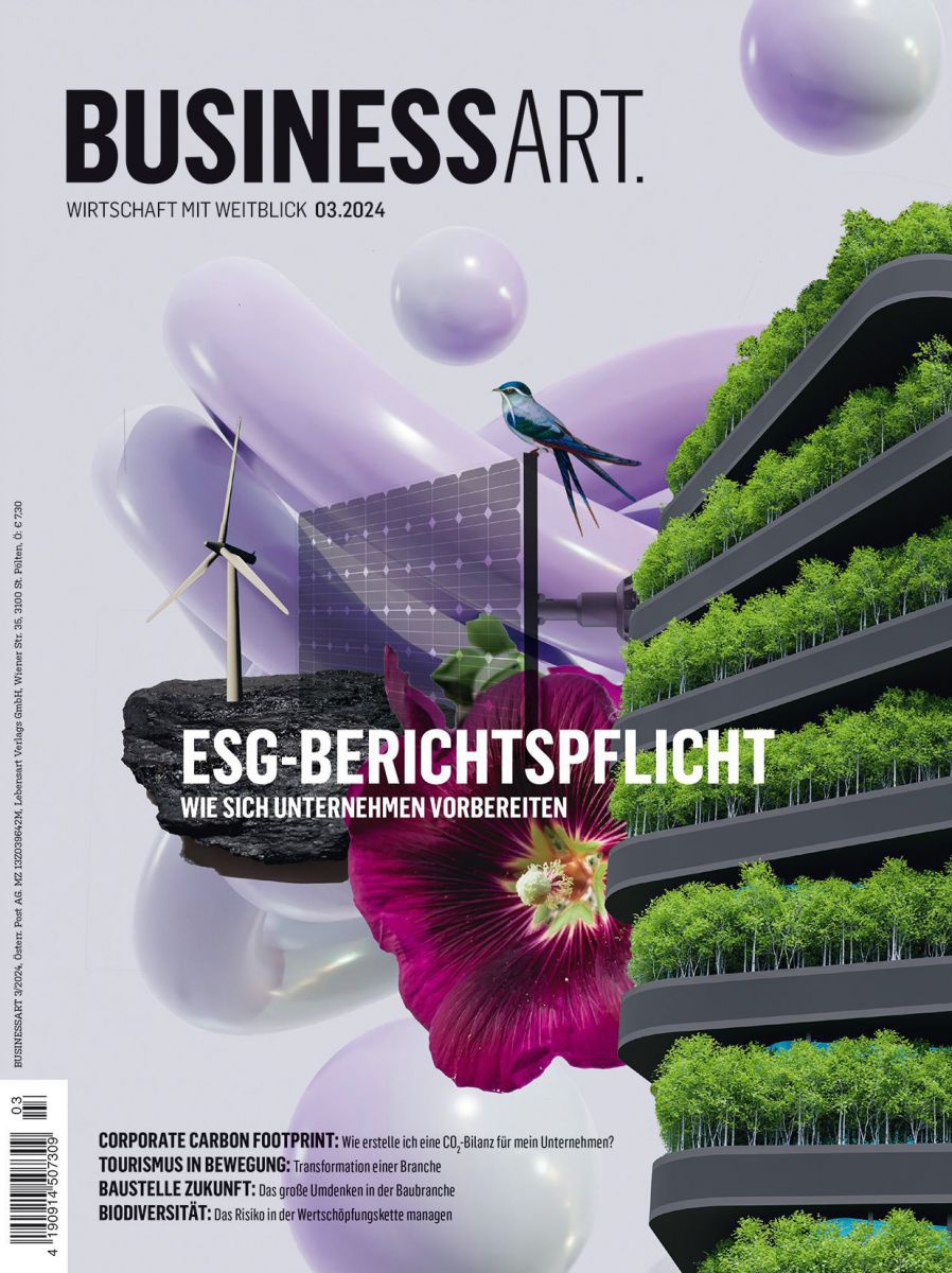 Das Cover zeigt auf lilafarbigem Hintergrund eine Collage aus Blumen, Bäumen auf Balkonen, ein Windrad, eine Solaranlage und einen Vogel.