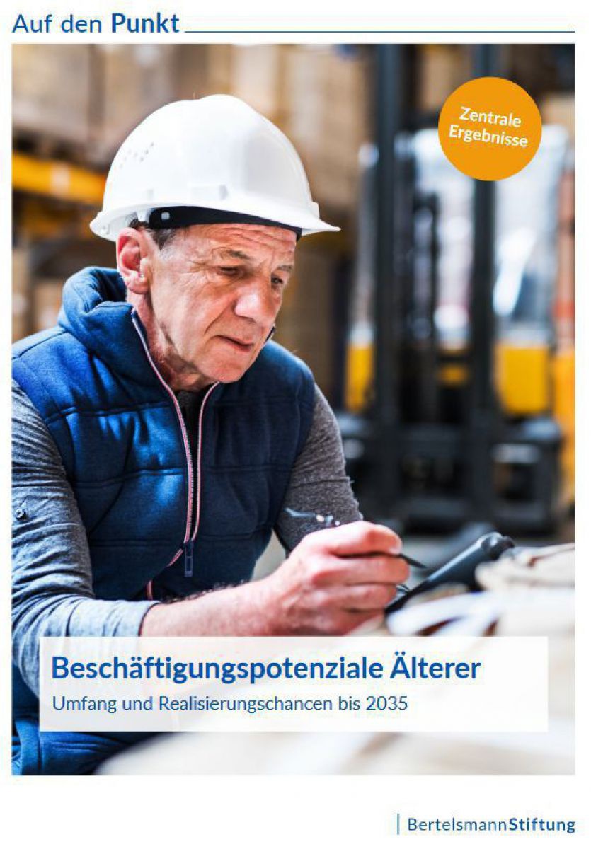 Das Cover der Studie zeigt einen älteren Mann mit Helm, der auf einem Tablet tippt. Am Cover steht: Beschäftigungspotenziale älterer Menschen