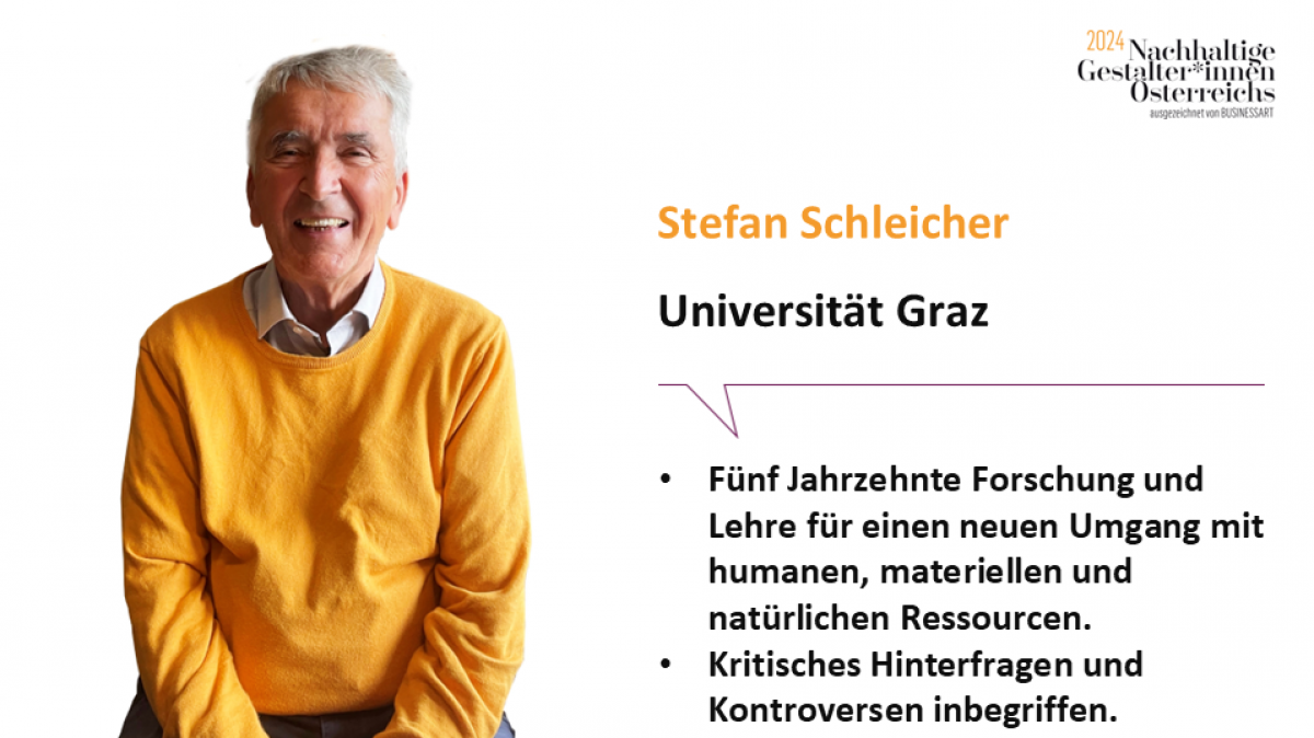 Stefan Schleicher, Universität Graz.
Fünf Jahrzehnte Forschung und Lehre für einen neuen Umgang mit humanen, materiellen und natürlichen Ressourcen. Kritisches Hinterfragen und Kontroversen inbegriffen.