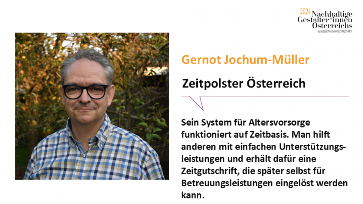 Gernot Jochum-Müller, Zeitpolster Österreich.
Sein System für Altersvorsorge funktioniert auf Zeitbasis. Man hilft anderen mit einfachen Unterstützungsleistungen und erhält dafür eine Zeitgutschrift, die später selbst für Betreuungsleistungen eingelöst w