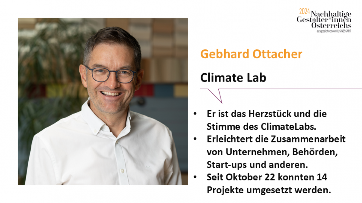 Gebhard Ottacher, Climate Lab.
Er ist das Herzstück und die Stimme des ClimateLabs. Erleichtert die Zusammenarbeit von Unternehmen, Behörden, Start-ups und anderen. Seit Oktober 2022 konnten 14 Projekte umgesetzt werden.