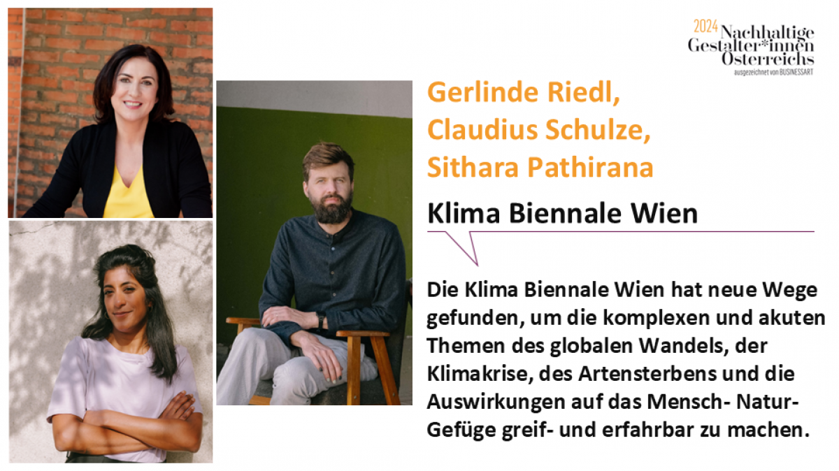 Gerlinde Riedl, Claudius Schulze, Sithara Pathirana, Klima Biennale Wien.
Die Klima Biennale Wien hat neue Wege gefunden, um die komplexen und akuten Themen des globalen Wandels, der Klimakrise, des Artensterbens und die Auswirkungen auf das Mensch-Natur