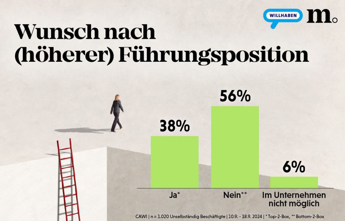 Die Grafik zeigt via Balkendiagramm, dass nur 38 % der Arbeitnehmer*innen eine (höhere) Führungsposition einnehmen wollen. 56 % sind nicht interessiert, bei 6% ist eine Führungsposition nicht möglich.