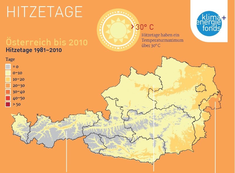 Öserreichkarte auf der die Hitzetage zwischen 1981 und 2010 eingezeichnet sind. Grafik: Klima- und Energiefonds