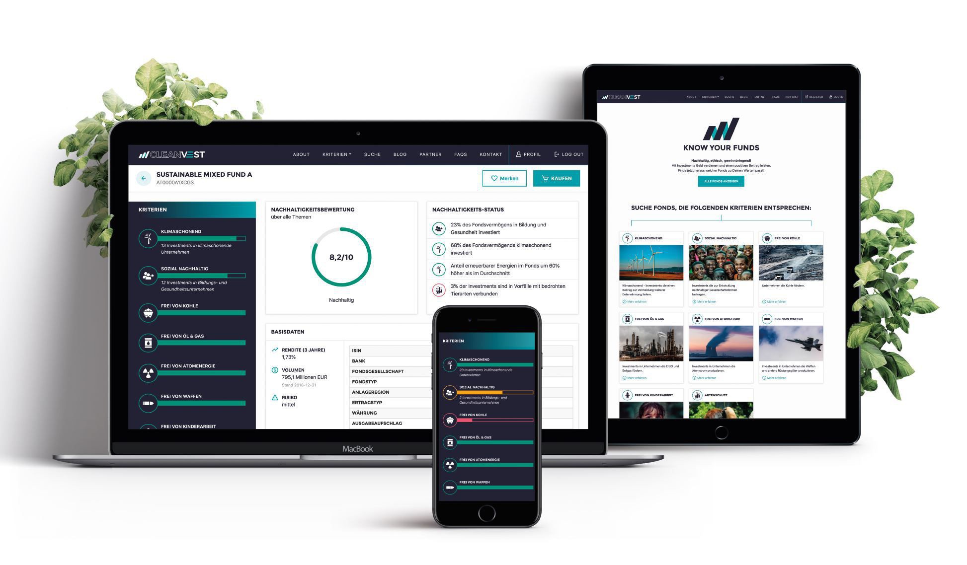 Ein Laptop-Bildschirm, ein Pad und ein Smartphone - auf allen ist die Website von CleanInvest zu sehen